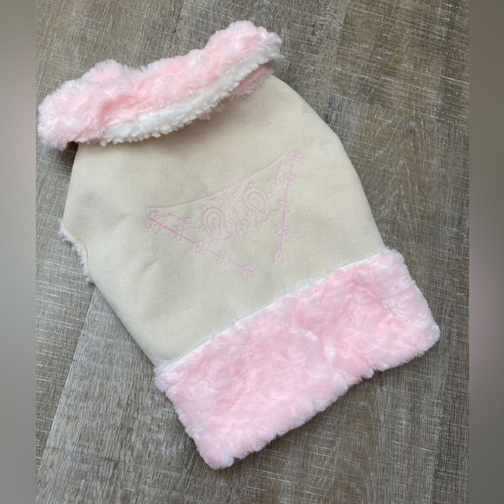 Dog Pet Coat Embroidered Jacket Medium Beige Suede Jacket Pink Fur Collar Fleece